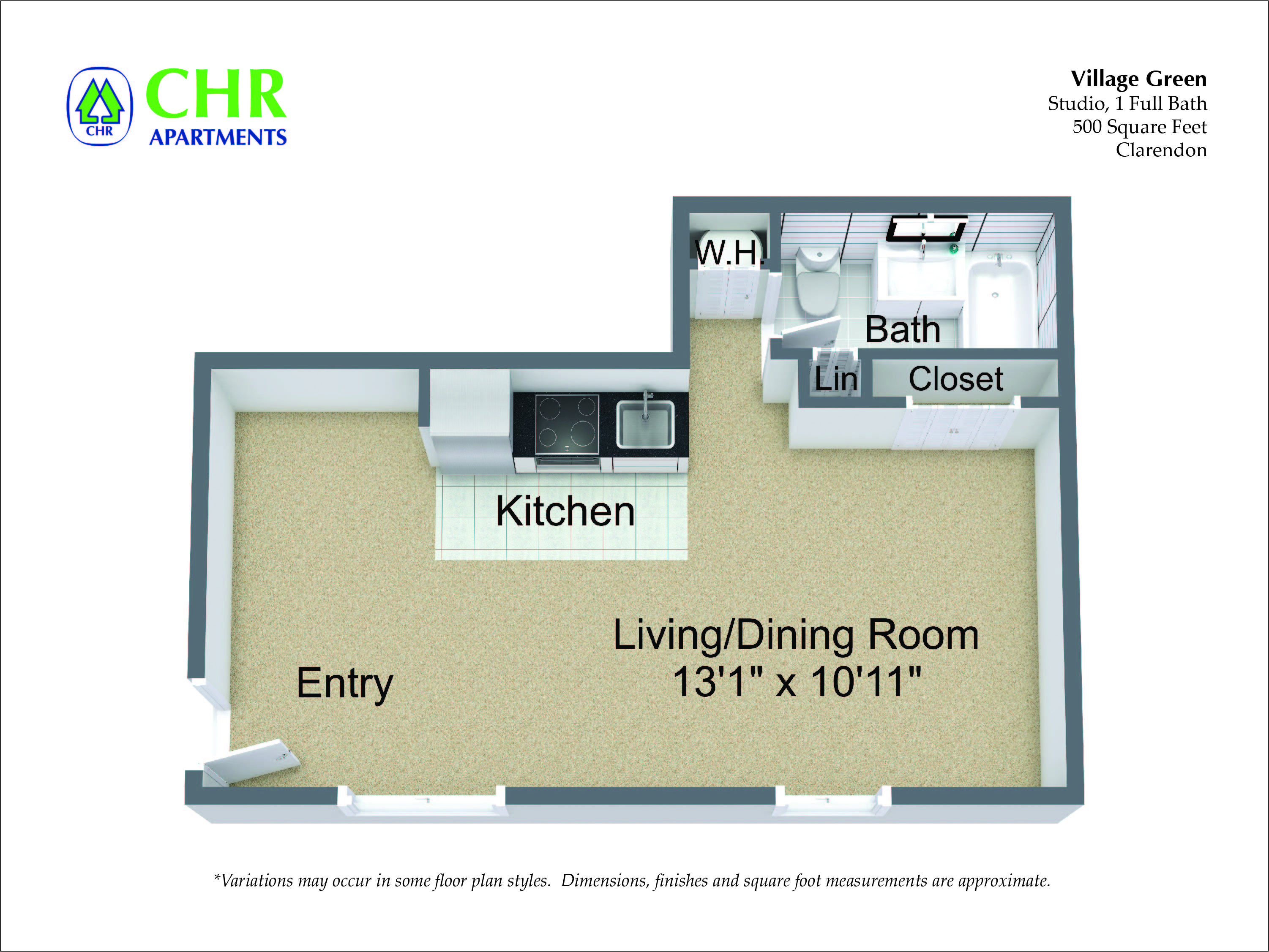Floor plan for studio, 1 bath, 500 sqft